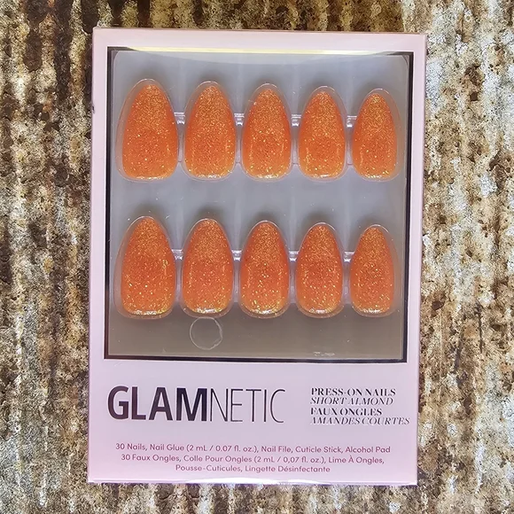 Glamnetic Showgirl Taylor Swift Orange Glitter Short Almond Press-On Nails - Picture 2 of 4